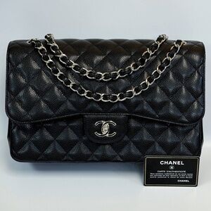 Chanel Black Quilted Caviar Jumbo Classic Double Flap Bag Silver Hardware & card